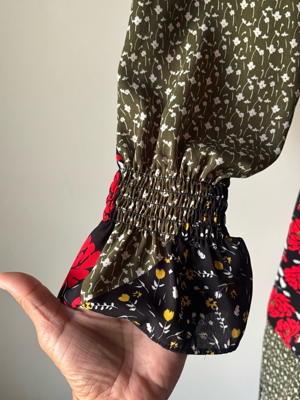 LIBBY Eldelman Floral Patchwork Long Sleeve Dress - Red, Olive, Black - Picture 5 of 8
